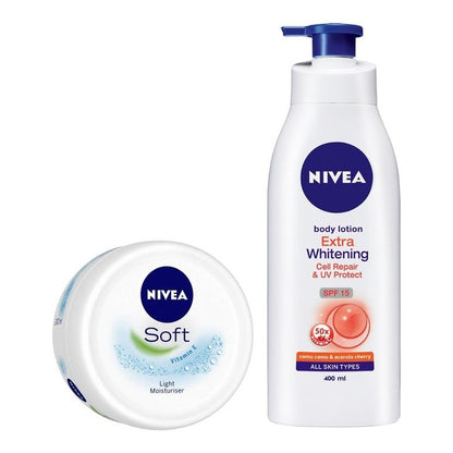 Nivea Set of Extra Whitening Cell Repair Body Lotion & Soft Vitamin E Light Moisturiser
