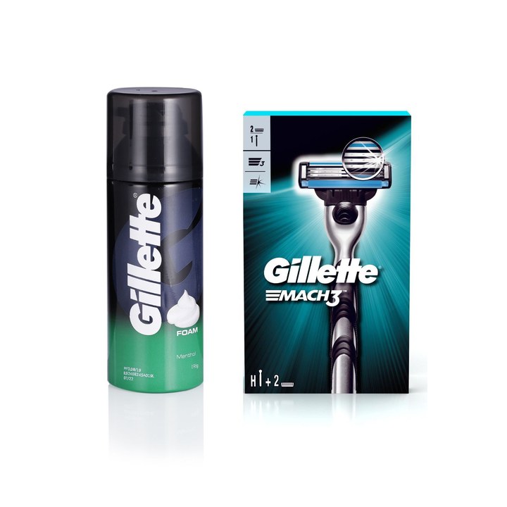 Gillette Men Mach 3 Shaving Razor, Shaving Blade & Classic Menthol Pre Shave Foam 196 g