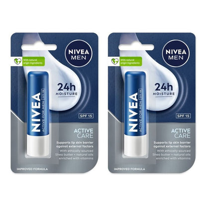 Nivea Men Set of 2 Active Care SPF15 Lip Balms with 24h Melt-In Moisture - 4.8g each