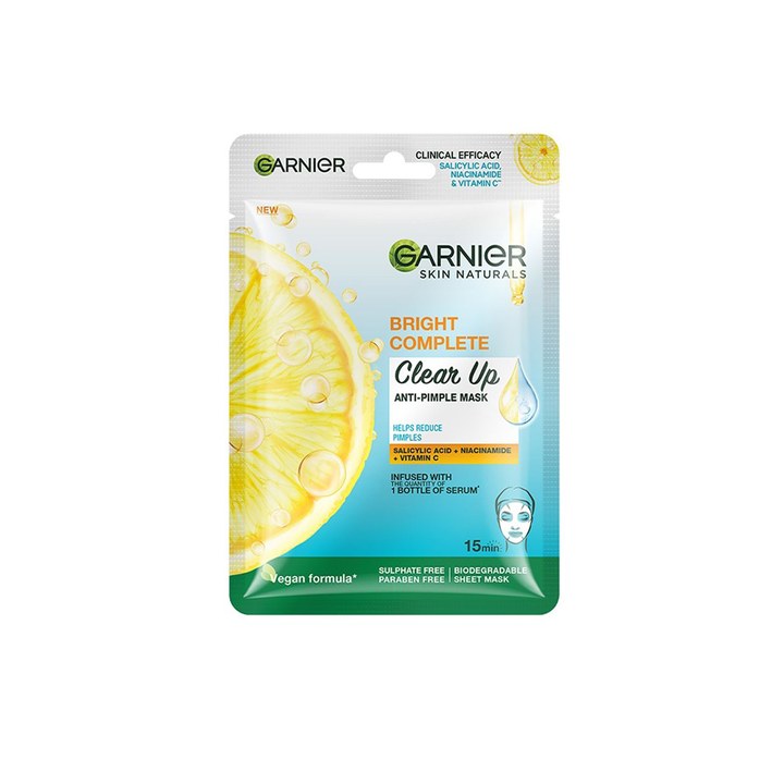 Garnier Bright Complete Clear Up Anti-Pimple Sheet Mask with Vitamin C & Niacinamide - 23g