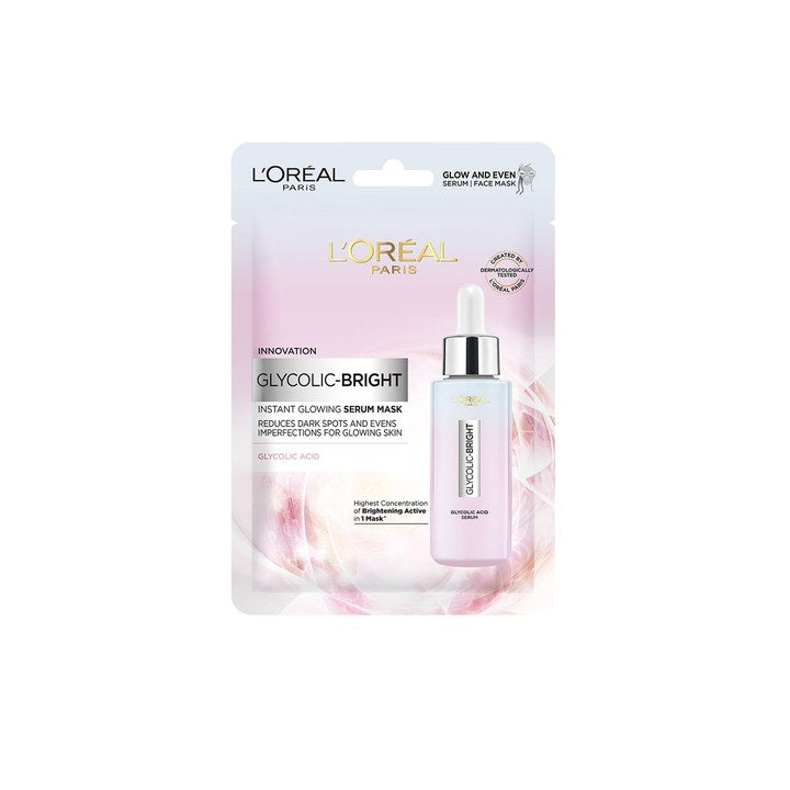 LOreal Paris Glycolic Bright Glowing Serum Sheet Mask for Dark Spots & Glowing Skin - 22g