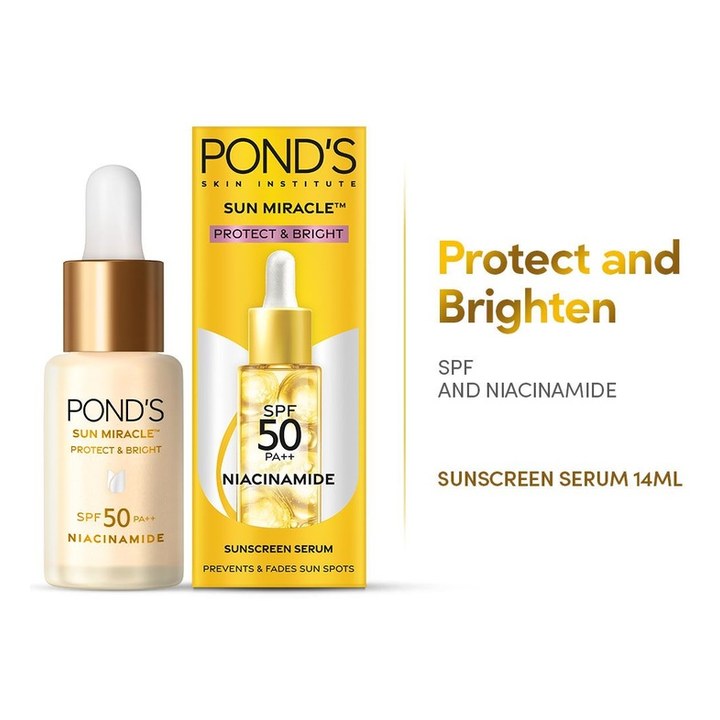 Ponds SPF 50 PA+++ UVA UVB Protect & Brighten Serum Sunscreen with Niacinamide C - 14 ml