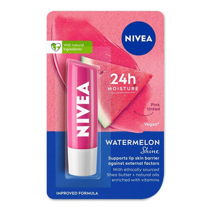 Nivea Caring Lip Balm - Watermelon Shine 24h Moisture with Natural Oils, Pink Shine 4.8 g