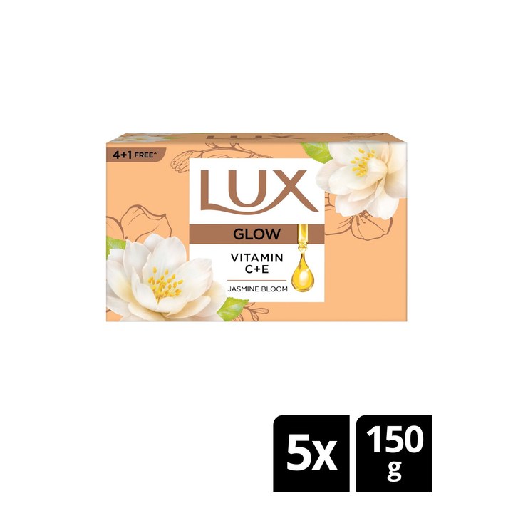 LUX Flaw-Less Glow Jasmine Soap with Vitamin C & E - 150 g Each - Buy 4 Get 1 Free