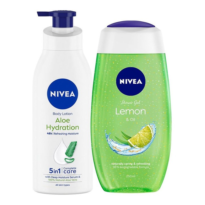 Nivea Set of Aloe Hydration Body Lotion and Lemon & Oil Shower Gel - 400ml + 250ml