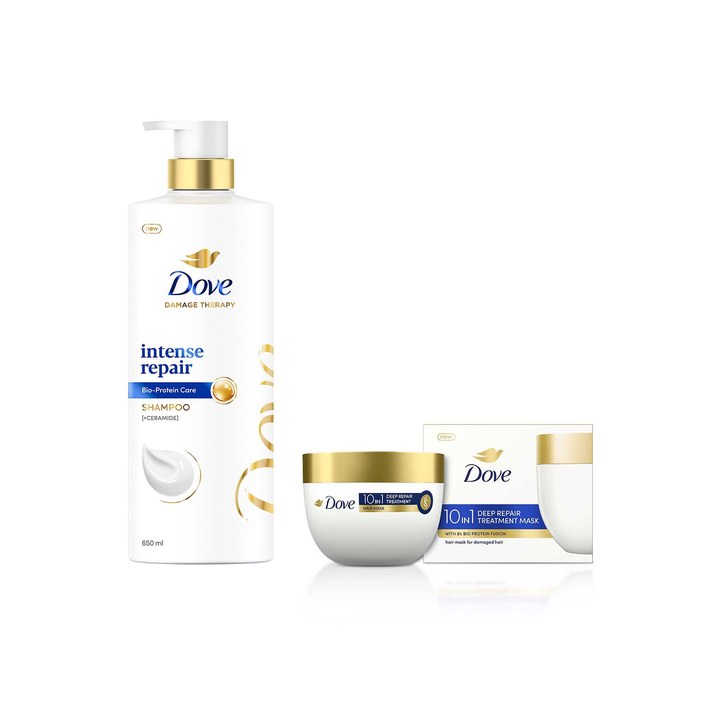 Dove Set of Intense Repair Shampoo 650ml & 10-in-1 Deep Repair Treatment Hair Mask 300ml