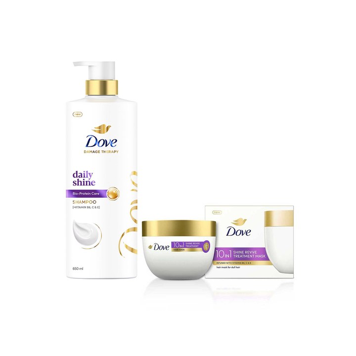 Dove Set of 10-in-1 Shine Revive Treatment Hair Mask - 300ml & Daily Shine Shampoo - 650ml