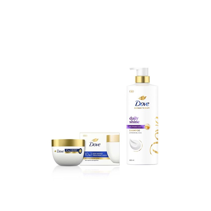 Dove Set of Daily Shine Shampoo - 650ml & 10-in-1 Deep Repair Treatment Hair Mask - 120ml