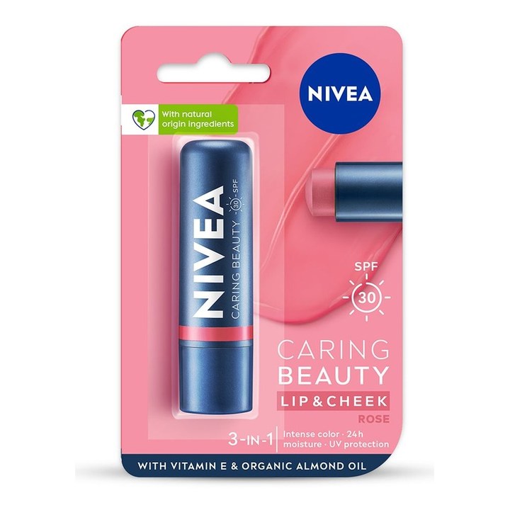 Nivea Caring Beauty SPF 30 Lip & Cheek Tint Balm with Shea Butter & Almond Oil - Rose