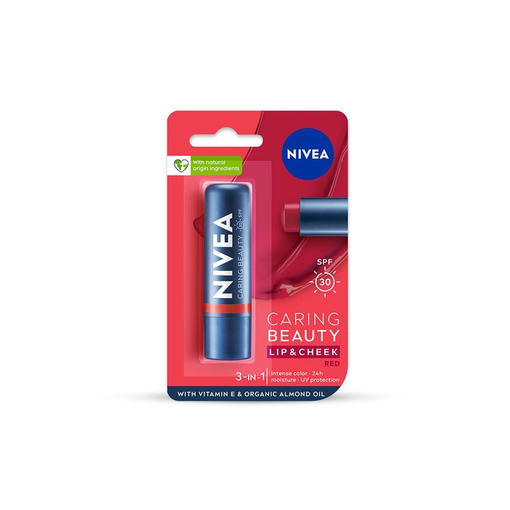 NIVEA Caring Beauty SPF30 VitaminE 24H Lip & Cheek Tint Balm Red Tint Lip Moisturiser 4.8g