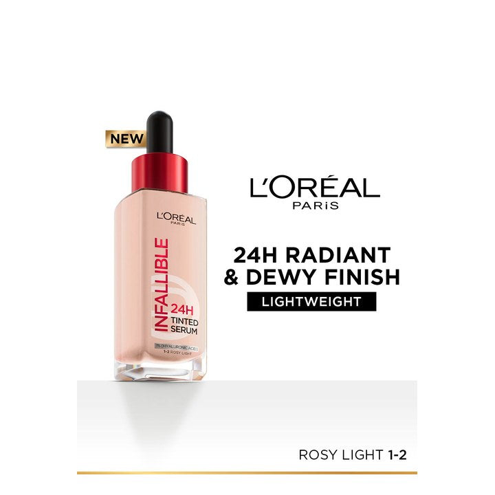 LOreal Paris Infallible 24H Lightweight Dewy Tinted Serum Foundation 30ml - Rosy Light 1-2