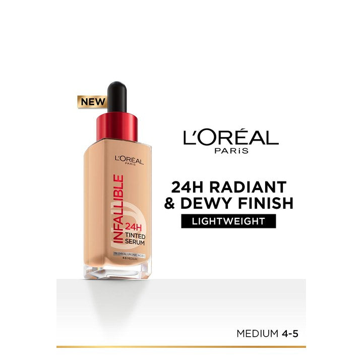 LOreal Paris Infallible 24H Lightweight Dewy Tinted Serum Foundation 30ml - Medium 4-5