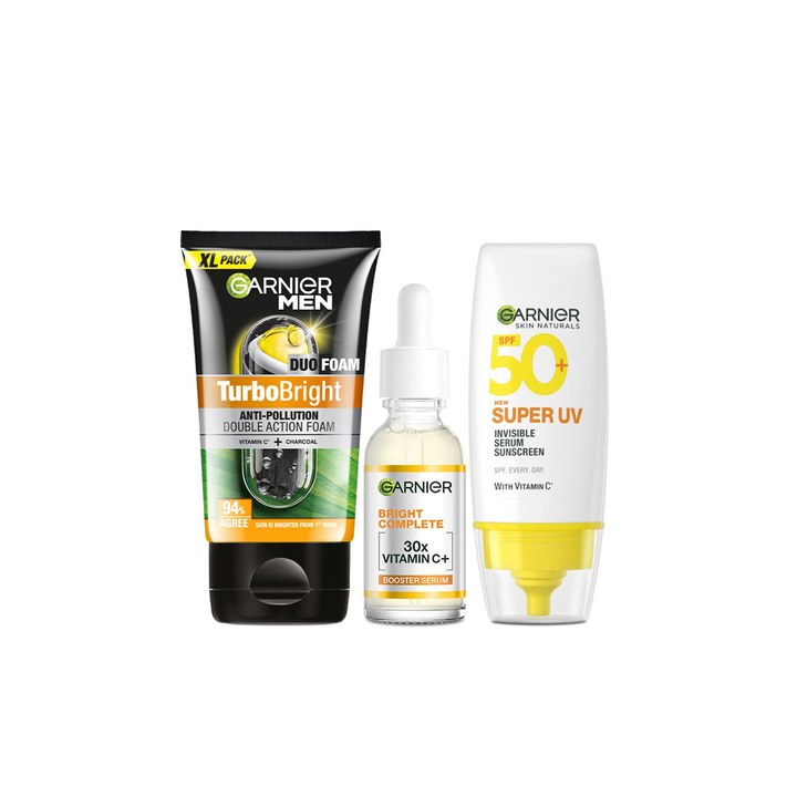 Garnier Game Face- Turbo Bright Face Wash 150g + Day Serum 30ml + Serum Sunscreen 30ml