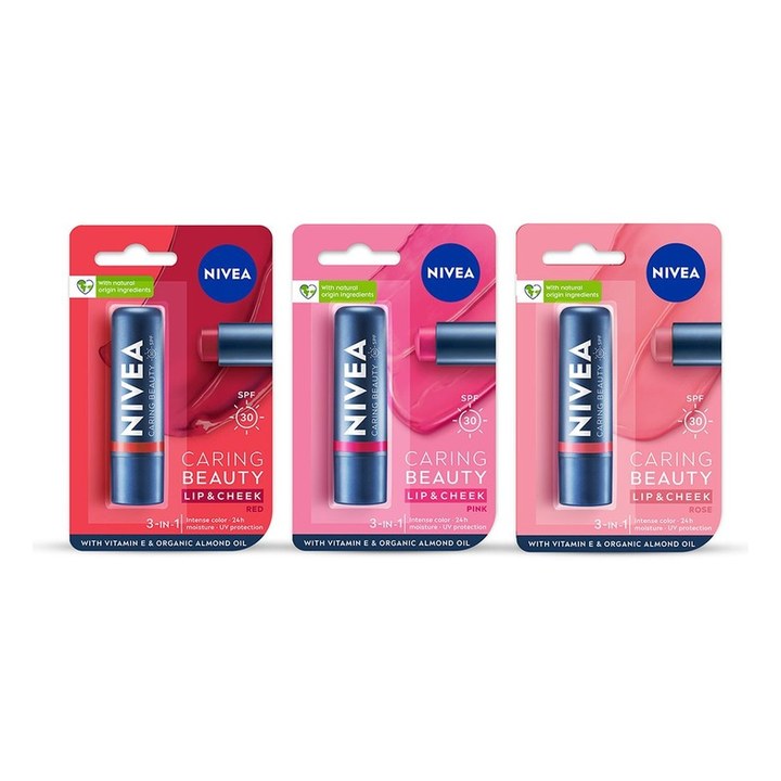 Nivea Set Of 3 Caring Beauty SPF 30 Lip & Cheek Tint With Vitamin E - 4.8g Each