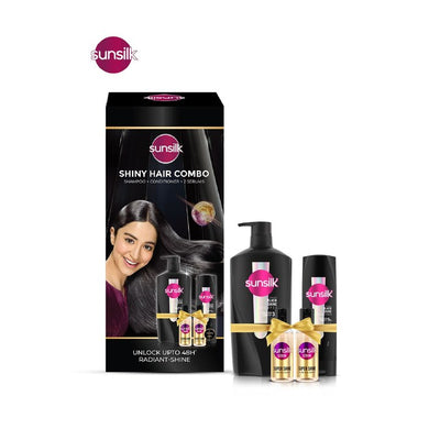 Sunsilk Shiny Hair Combo - Radiant Black Shine Shampoo+Conditioner & 2 Super Shine Serum