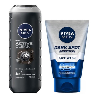 Nivea Men Set of Dark Spot Reduction Face Wash 100g & Active Clean 3-in1 Shower Gel 500ml