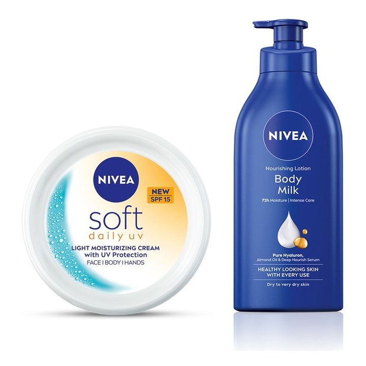 Nivea Set of Body Milk Body Lotion 600ml & Soft Daily UV Light Moisturising Cream 200ml