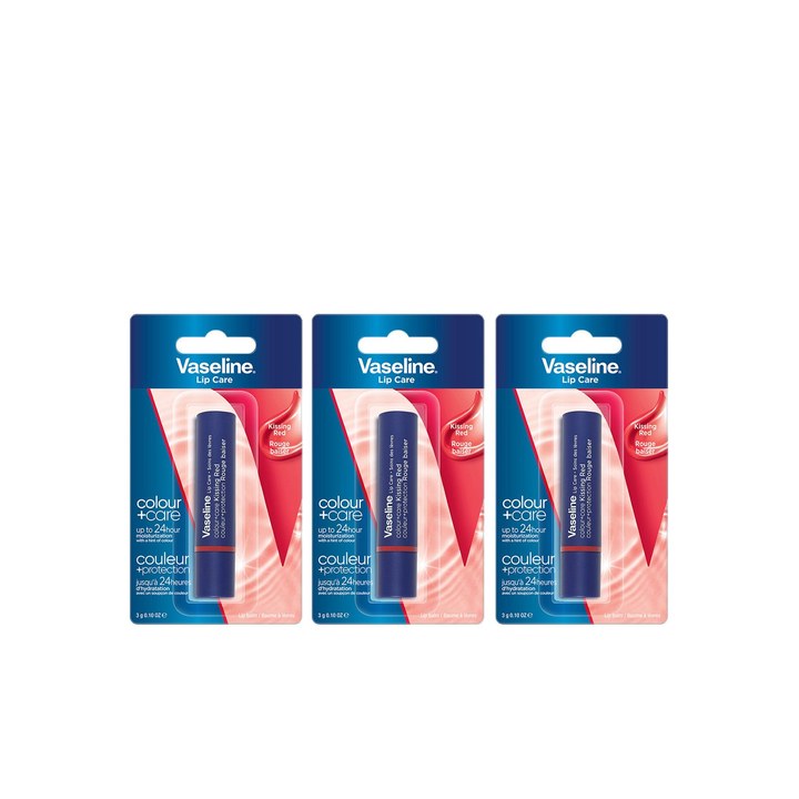 Vaseline Set of 3 Colour+Care Tinted Lip Balm Stick with Shea Butter 3g Each - Kissing Red