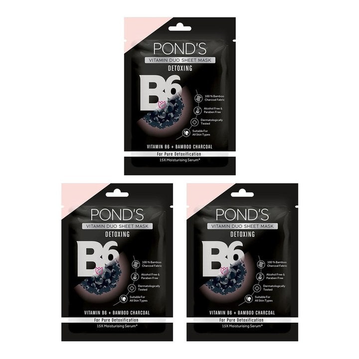 Ponds Set of 3 Activated Charcoal Clear Detox Vitamin Duo Sheet Mask - 25 ml each