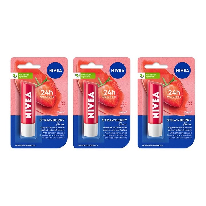 Nivea Women Set of 3 24h Moisture Lip Balm with Natural Oils - Strawberry Shine