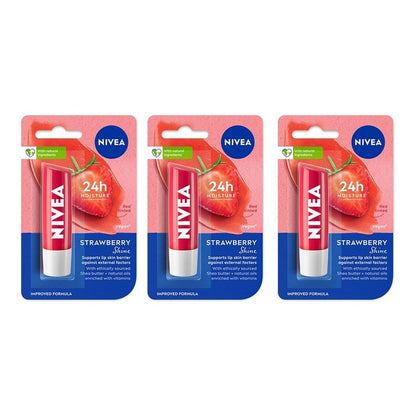 Nivea Women Set of 3 24h Moisture Lip Balm with Natural Oils - Strawberry Shine