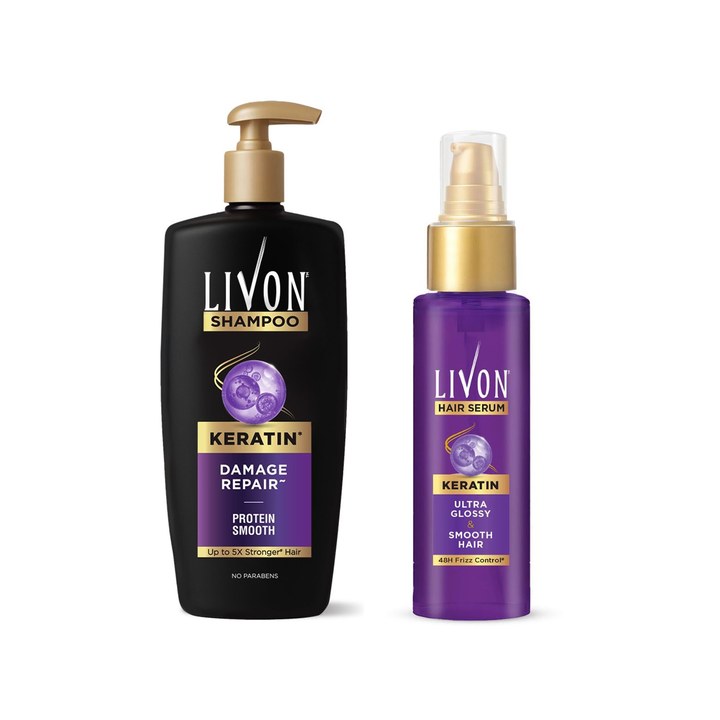 Livon Set of Damage Repair Shampoo 650ml & Keratin Hair Serum 48ml