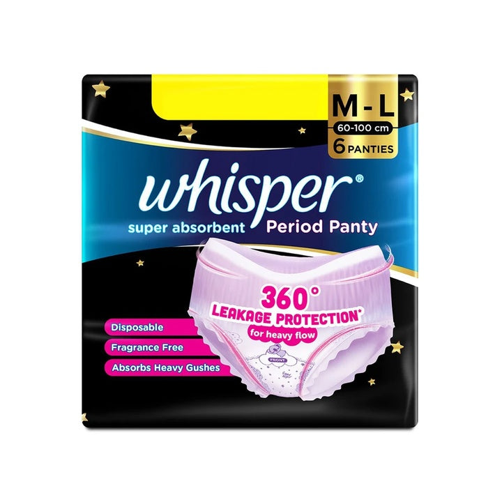Whisper Super Absorbent Period Panty, 6 M-L Pants Sanitary Pad (Pack of 6)
