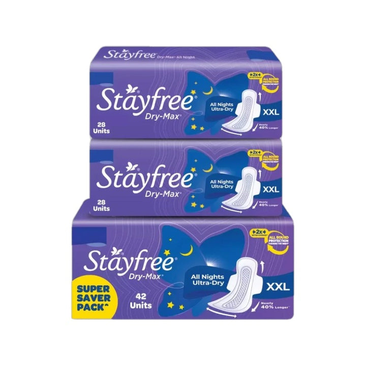 STAYFREE Dry-Max All Nights, All round protection through the night, 2x better coverage Sanitary Pad (Pack of 98)