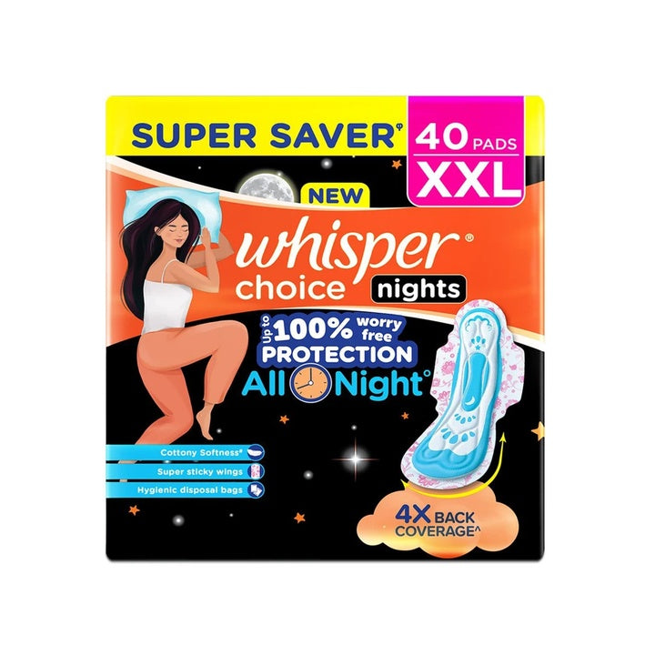 Whisper Choice Nights, 40 XXL Pads, with 4x Back Coverage^ Sanitary Pad (Pack of 40)