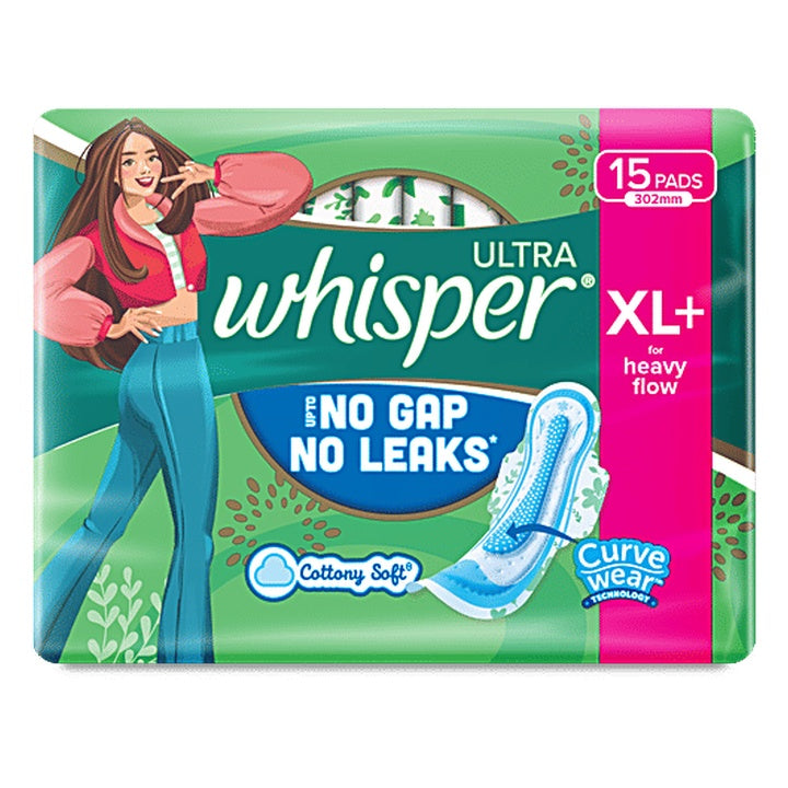 Whisper Ultra Upto No Gap No Leaks Sanitary Pads For Heavy Flow - xL+ (15 pcs)