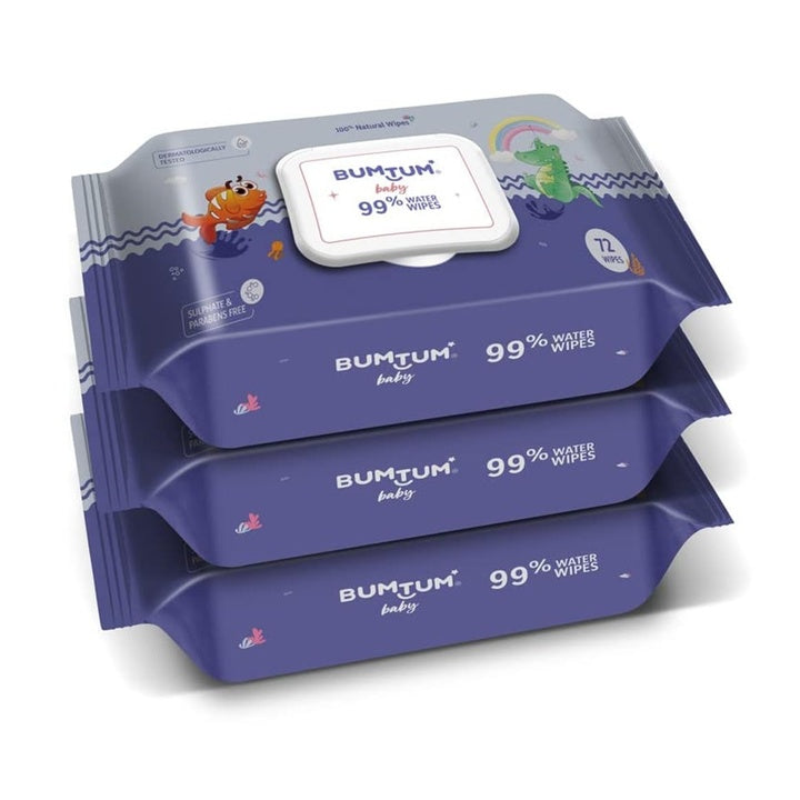 Bumtum Baby Gentle 99% Pure Water Soft Moisturizing Wet Wipes With Lid | Aloe Vera & Chamomile Extracts | Paraben & Sulfate Free (Pack of 3, 72 Pcs. Per Pack)