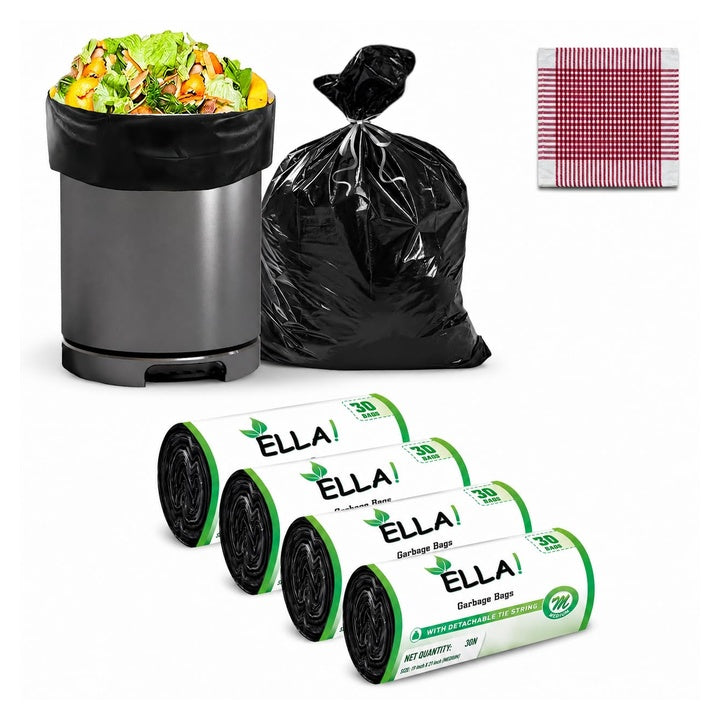 Ella Garbage Bags 19x21 Inches (Medium) 120 Bags 4 Rolls | Leak Proof & Tear Resistant Trash Bag for Kitchen Home & Commercial Use | Dustbin Bag For Dry & Wet Waste With Free Check Duster Cloth-Black