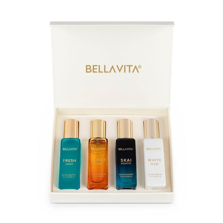 Bella Vita Luxury Unisex | Long Lasting Eau De Parfum Gift Set 4 x 20ml Perfume for Unisex | with SKAI, FRESH, WHITEOUD, HONEY OUD | Premium Fragrance Scent