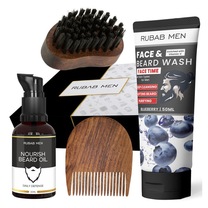 RUBAB MEN Complete Beard Grooming Kit of 4| Beard Brush, Oil, Wash & Comb