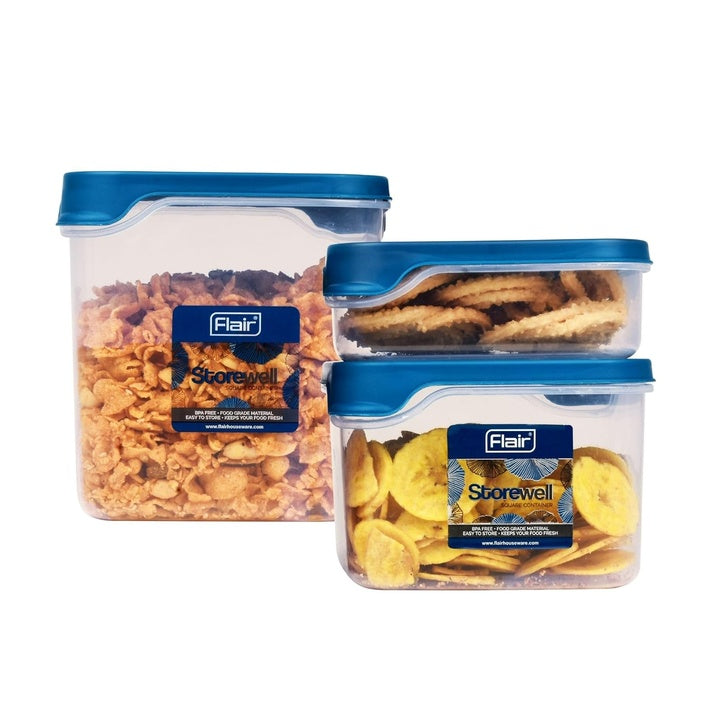 FLAIR Storewell Square Plastic Food Storage Container Set, Airtight Kitchen Containers for Rice, Atta & Grains, BPA-Free, Food Grade Storage Boxes (Blue, Set of 3 (.55L, 1.15L, 1.8L))
