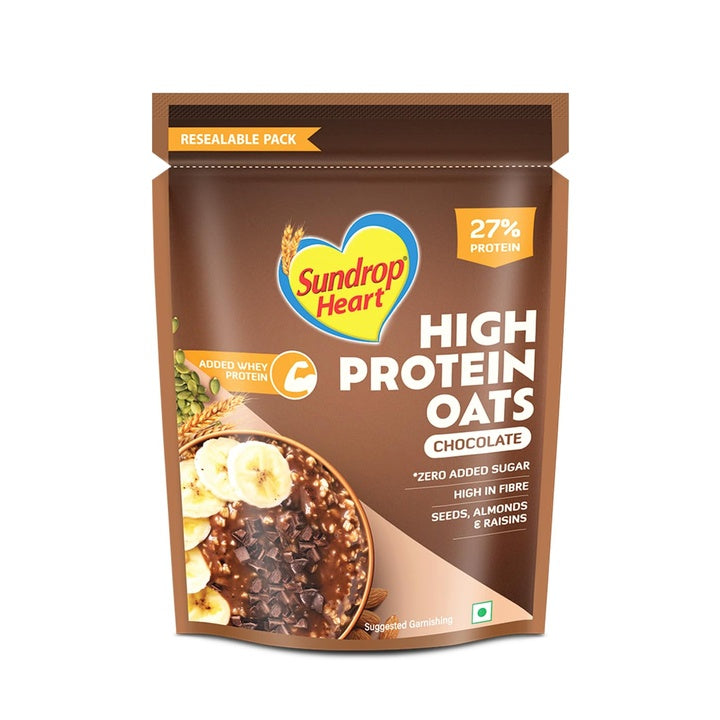 Sundrop Heart 27g High Protein Dark Chocolate Oats, 500g | Zero Added Sugar | Added Whey Protein with Almonds, Raisins, Pumpkin, Sunflower & Chia Seeds | Rolled Oats | High Fibre Breakfast Cereal