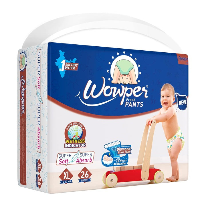 Wowper Easy Pants Baby Diaper | Wetness Indicator | Anti Rash | up to 12 hrs Absorption |14-17 Kg | XL 26 counts