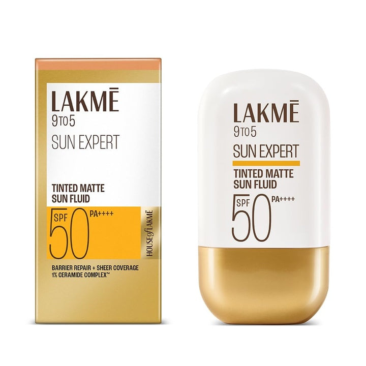 Lakme Sun Expert Tinted Dry Matte Sunscreen Fluid SPF 50+ PA++++ | 1% Ceramide Complex for Skin Barrier Repair | Sheer Coverage Foundation Like Finish – Bronze (50ml)