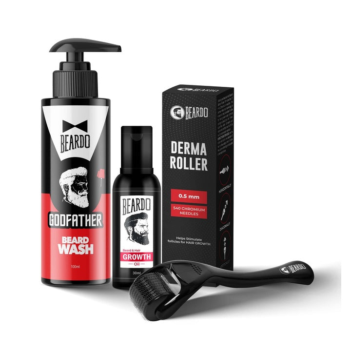 Beardo Don Growth Kit- Beard Growth Oil, Beard Wash & Derma Roller 0.5mm | Beard Care Kit for Men | Boosts Beard Growth | For Patchy Beard | Beard Growth KIt for Men - Set of 3