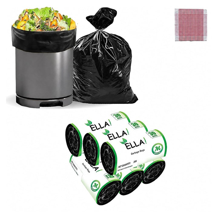 Ella Garbage Bags 19x21 Inches Medium 180 Bags 6 Rolls | Leak Proof & Tear Resistant Trash Bags for Kitchen Home & Commercial Use | Dustbin Bags For Dry & Wet Waste With Free Check Duster Cloth-Black
