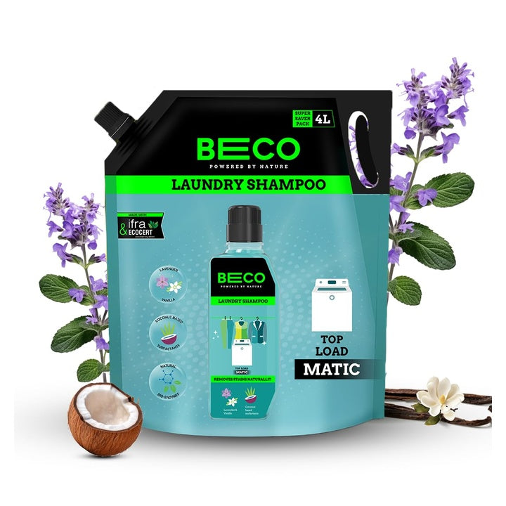 Beco Natural Liquid Detergent Top Load - 4L Refill Pack| Tough Stain Removal | Lavender & Vanilla Freshness | Retains Brightness & Shine | Natural | Top Load Washing Machine Detergent Liquid