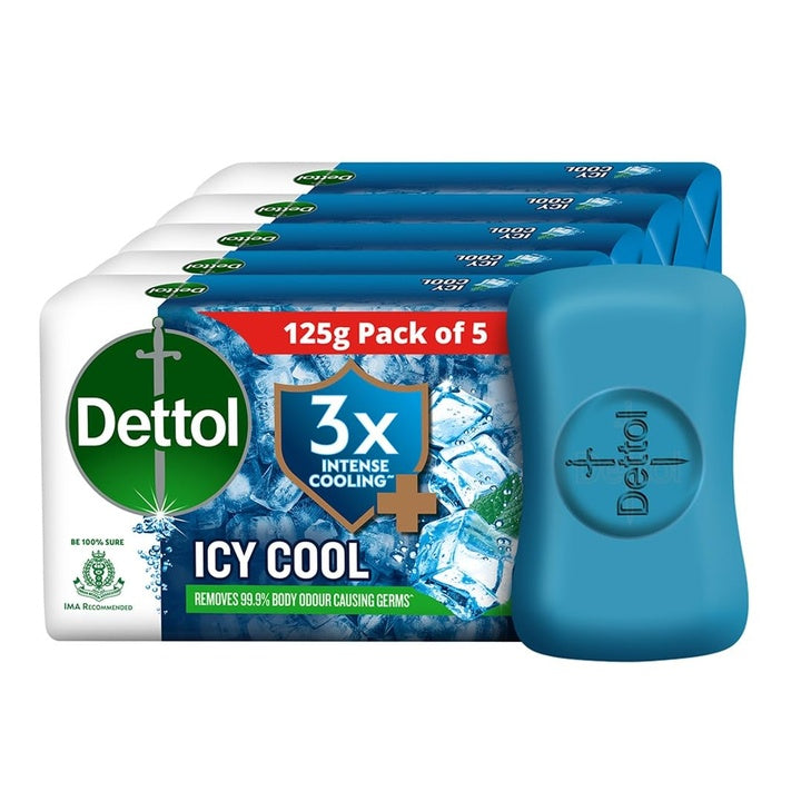Dettol Icy Cool Bathing Soap Bar With 3x intense cooling (625gm), 125gm - Pack of 5