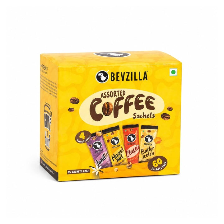 Bevzilla 60 Instant Coffee Powder Sachets (4 Flavours) - 120gm | Hazelnut, Classic, Vanilla & Butterscotch | 15 Pouches Each Flavour | Arabica Coffee | Perfect for Espresso,Latte,Cappuccino | Hot & Cold Brews