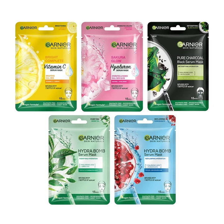 Garnier Skin Naturals, Face Mask Set, Hydrating, Pore Reducing, Brightening, and Enhances Glow, Hydra Bomb Serum Mask & Black Serum Mask, 5 pcs, 140g