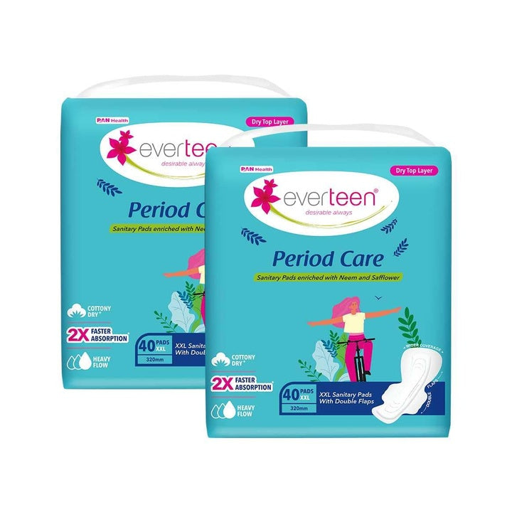 everteen Period Care XXL Dry Neem-Safflower Sanitary Pads for Women - 80 Pads, Rash Free, Anti Tan, Skin Friendly, Double Wing Shape, Advanced Leak Protection, XX Large, 320mm - 2 Packs (40 Pads Each, 320mm)