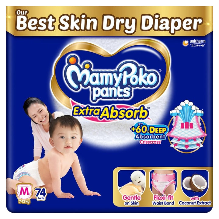 MamyPoko Pants Extra Absorb Baby Diapers, Medium (M size) | 7-12 kg | 74 Count |Deep Sleep Diapers| Soft gentle fit |Deep Absorbent Crisscross | skin friendly with coconut oil |