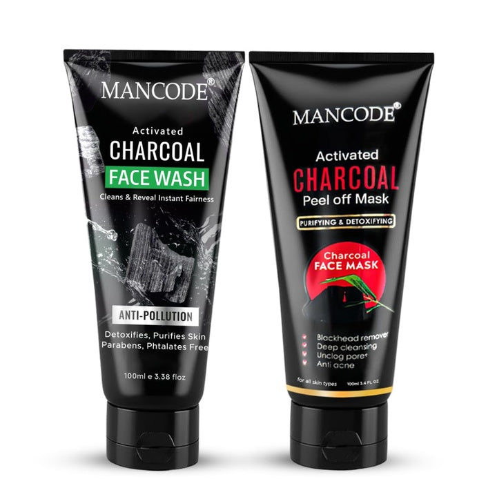 Mancode Activated Charcoal Face Wash & Charcoal Peel-Off Mask Combo for Men | Deep Cleansing, Oil Control & Detox | Minimizes Pores & Boosts Radiance | 100ml Each| Pack of 2