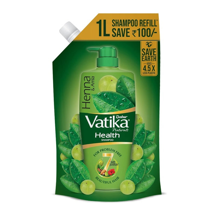 Dabur Vatika Health Shampoo - 1 L (Refill Pouch) | With 7 Natural Ingredients | For Smooth, Shiny & Nourished Hair | Repairs Hair Damage, Controls Frizz | For All Hair Types | Goodness of Henna & Amla