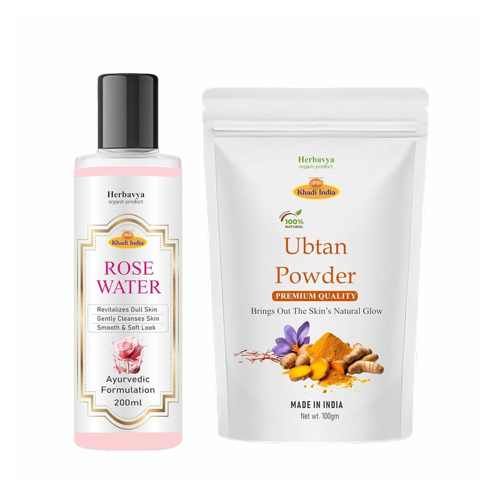 Khadi 100% Pure Organic Haldi Ubtan Powder Face Pack & Rose Water (Dulhan Special) for Face, Body - Fairness, Lightening, Tanning, Glowing Skin, Remove Dead Skin, Turmeric Moisturizer with Pure Saffron 100gm.+200ml.(Combo, Ubtan and Rose Water)