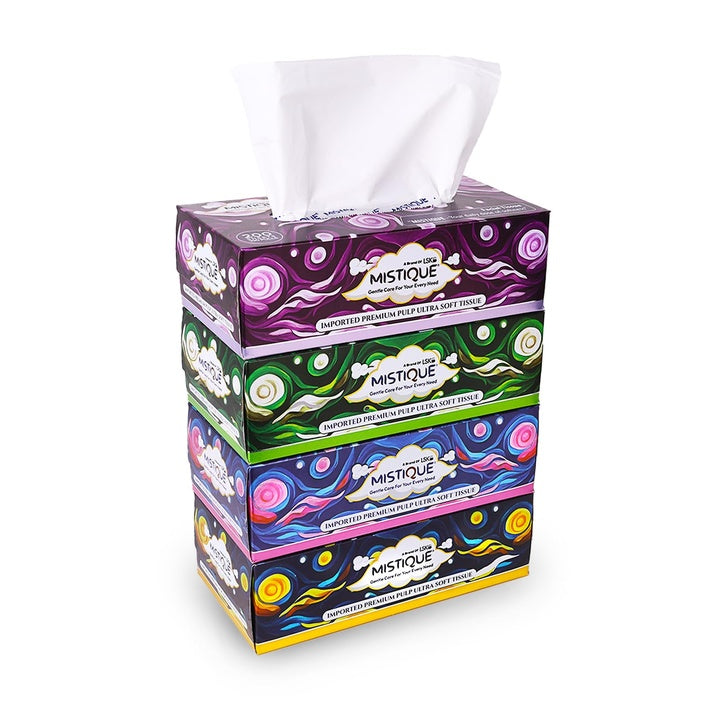 MISTIQUE Ultra Soft 2 Ply Facial Tissue Paper Box | 400 Pulls | 100 Pulls x 4 Boxes | Natural Virgin Pulp | Skin Friendly & Highly Absorbent | Car, Home & Office Use | Sheet Size (20 * 20) cm